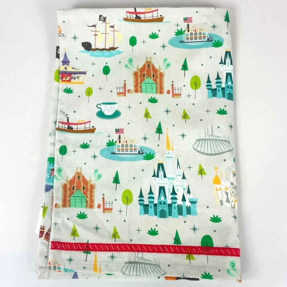Disney World 50th Anniversary Cotton Tea Towel Featuring Magic Kingdom Park Attr